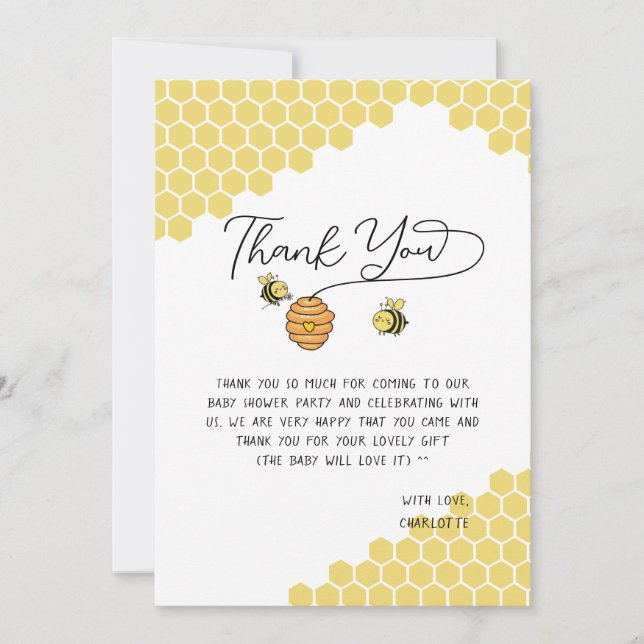 Tarjeta De Agradecimiento Dulce Colmena de Abejas Fiesta de Bebé (Anverso)