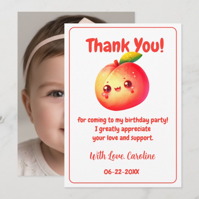 Tarjeta De Agradecimiento Dulce Cumpleaños de Melocotón Gracias (Anverso / Reverso)