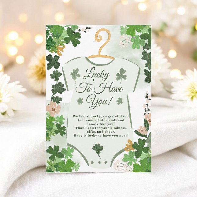 Tarjeta De Agradecimiento Dulce Cumpleaños del Día de San Patricio con Trébo (Green Lucky Clover St. Patrick’s Day Baby Shower Thank You Card)