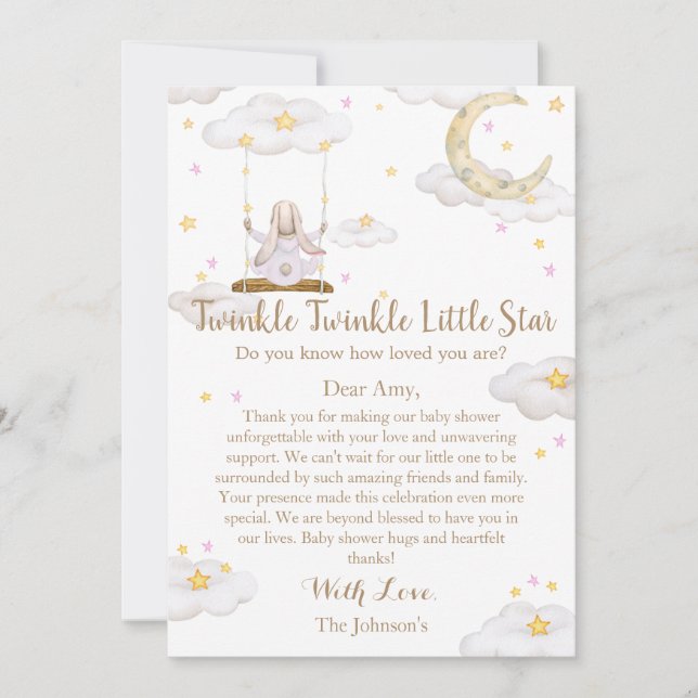 Tarjeta De Agradecimiento Dulce Ducha de Bebé Conejo Twinkle Twinkle Little  (Anverso)