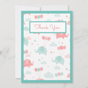 Tarjeta De Agradecimiento Dulce Ducha de Bebé Elefante Verde Menta
