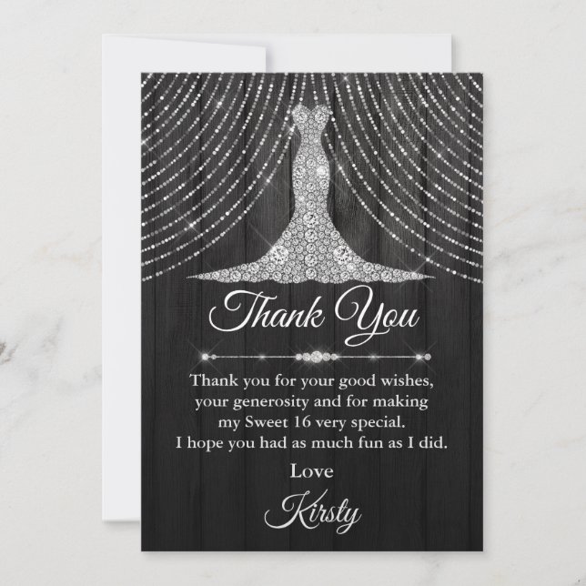 Tarjeta De Agradecimiento Dulce dulce vestido de diamante negro plateado 16 (Anverso)