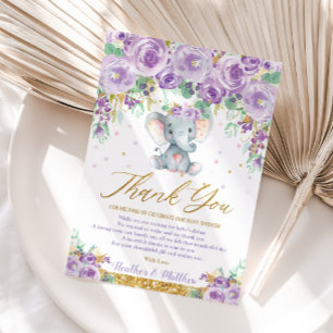 Tarjeta De Agradecimiento Dulce Elefante Floral Morado Fiesta de Bebé Niña