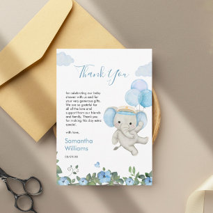 Tarjeta De Agradecimiento Dulce Elefante Globo Azul Floral Baby Shower