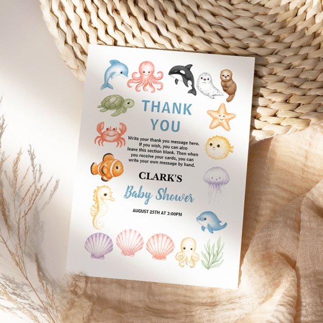 Tarjeta De Agradecimiento Dulce fiesta de bebé bajo el mar (Cute Ocean Under the Sea Animal Baby Shower thank you card)