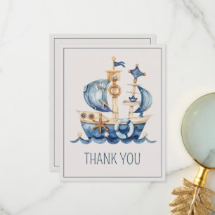 Tarjeta De Agradecimiento Dulce Fiesta de Bebé de Barco de Acuarela Azul Náu