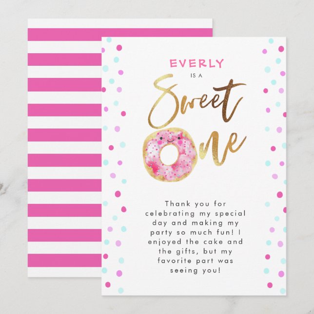 Tarjeta De Agradecimiento Dulce fiesta de cumpleaños de un donut rosado (Anverso / Reverso)