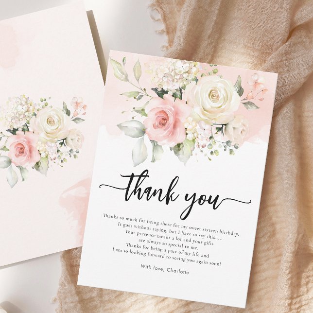 Tarjeta De Agradecimiento Dulce fiesta de cumpleaños floral rosa 16 (Pink Floral Elegant Sweet Sixteen Script Modern Watercolor 16th Birthday Party Guest Thank You)