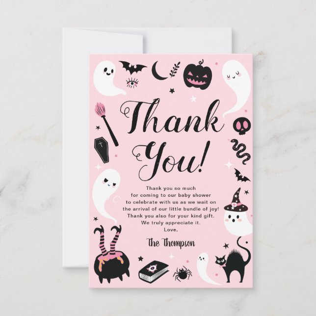 Tarjeta De Agradecimiento Dulce Fiesta de Halloween Rosa para el Bebé  (Anverso)