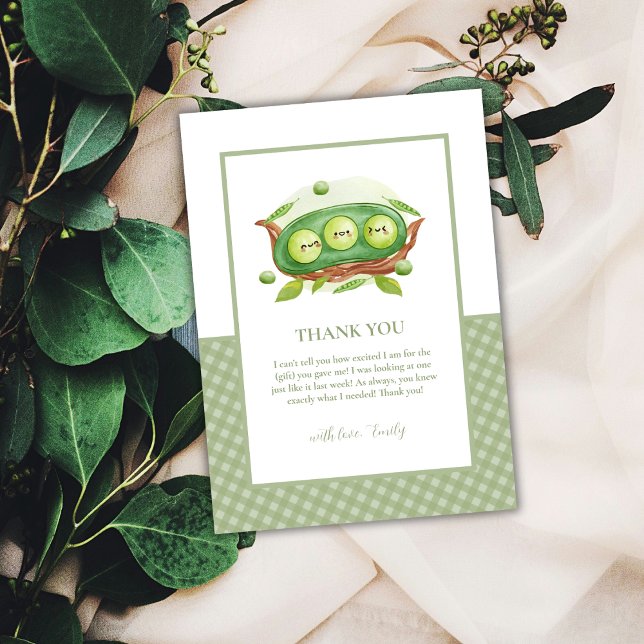 Tarjeta De Agradecimiento Dulce guisante en vaina de greenery a cuadros Baby (Cute Gingham Greenery Sweet Pea In Pod Baby Shower Thank You Card)