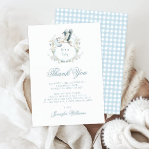 Tarjeta De Agradecimiento Dulce luz azul Stork Escudo Baby Boy Shower