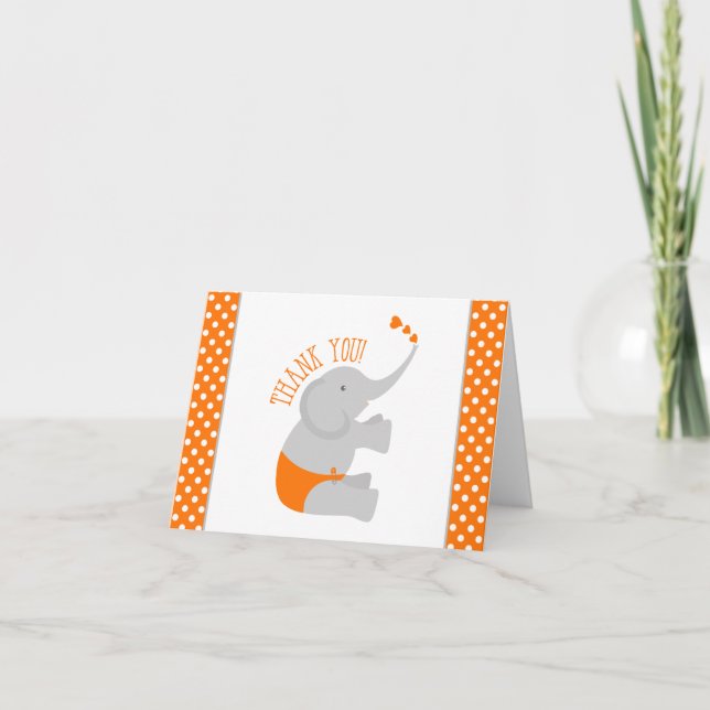 Tarjeta De Agradecimiento Dulce Naranja Elefante Gris Baby Shower Gracias (Anverso)