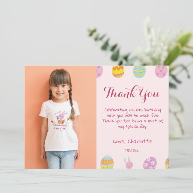 Tarjeta De Agradecimiento Dulce Pastel Huevos Rosa Niños Fotos de cumpleaños (Anverso de pie)