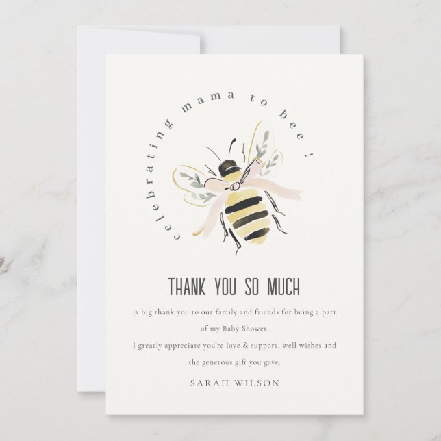Tarjeta De Agradecimiento Dulce Pastel Mamá Abeja Neutral Fiesta de Bebé (Anverso)