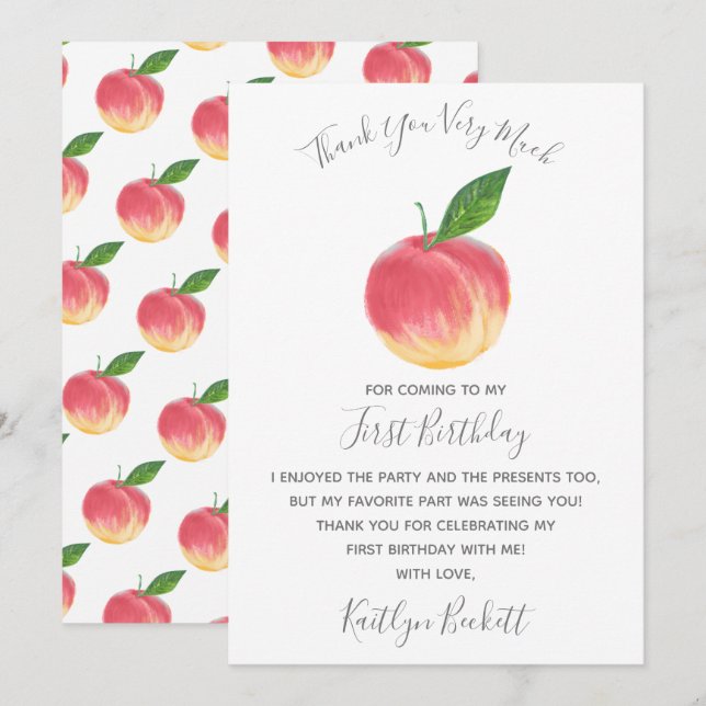 Tarjeta De Agradecimiento Dulce Peach First Birthday (Anverso / Reverso)