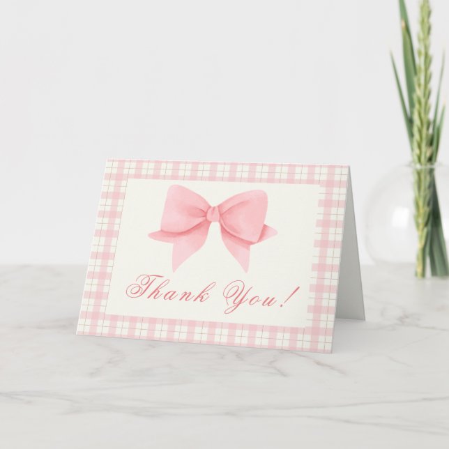 Tarjeta De Agradecimiento Dulce Rosa Gingham Plaid Bow Chica Baby Shower (Anverso)