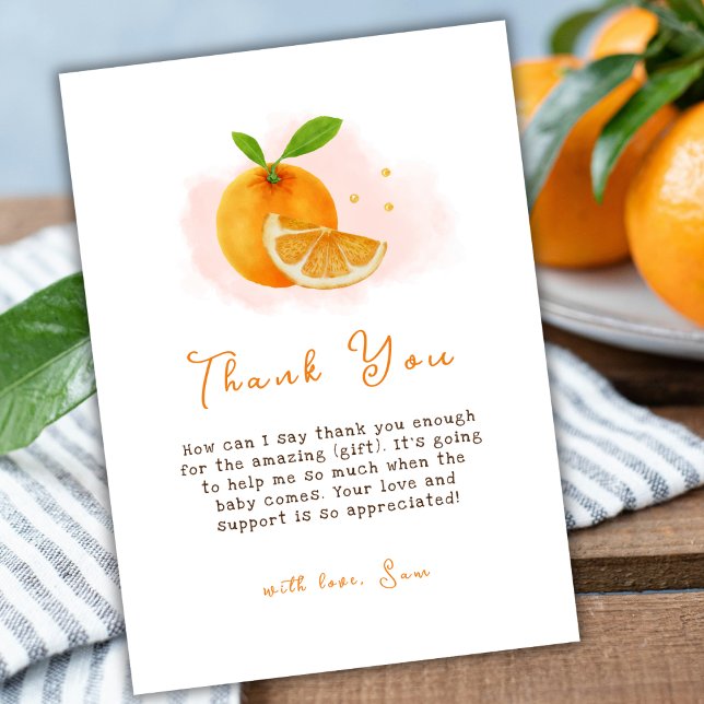 Tarjeta De Agradecimiento Dulce Simple Encantador Naranja Cítrico Baby Showe (Cute Simple Sweet Orange Citrus Baby Shower Thank You Card)