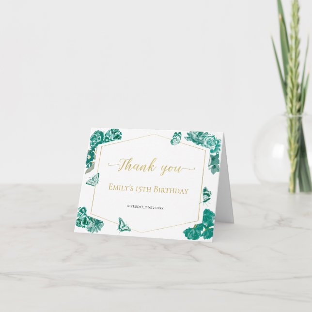 Tarjeta De Agradecimiento Dulce verde esmeralda 16 Quinceanera Bat Mitzvah (Anverso)