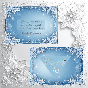 Tarjeta De Agradecimiento Dulces 16 Copos de Nieve Helados de Plata Azul Inv