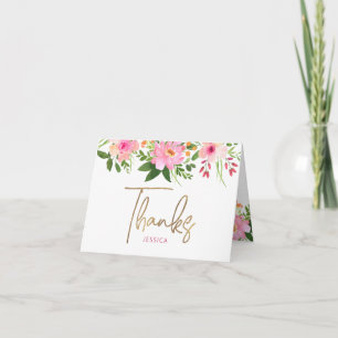 Tarjeta De Agradecimiento Dulces 16 Rosado Flores Acuarela Escritura en Oro