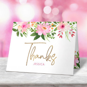 Tarjeta De Agradecimiento Dulces 16 Rosado Flores Acuarela Escritura en Oro