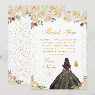 Tarjeta De Agradecimiento Dulces Dieciséis Princesa De Piel Oscura Floral Cr