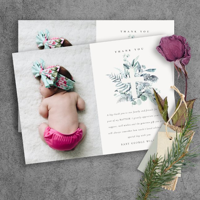Tarjeta De Agradecimiento Dusky Blue Eucalyptus Fauna Cross Baptism (Subido por el creador)