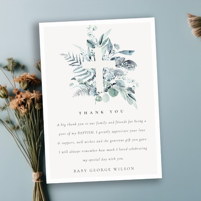 Tarjeta De Agradecimiento Dusky Blue Eucalyptus Fern Foliage Cross Baptism (Subido por el creador)