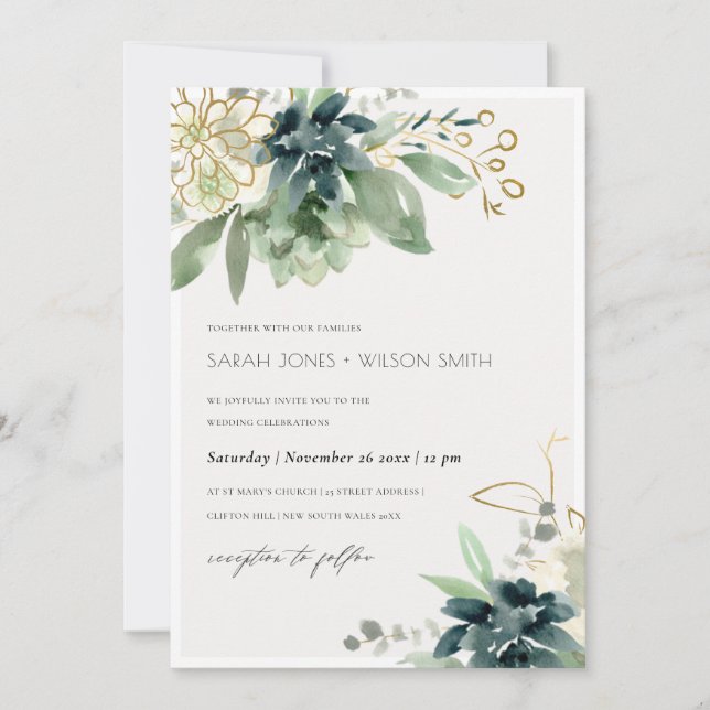 Tarjeta De Agradecimiento Dusky Blue Green Succulage Foliage Wedding Invite (Anverso)