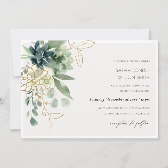 Tarjeta De Agradecimiento Dusky Blue Green Succulage Foliage Wedding Invite (Anverso)