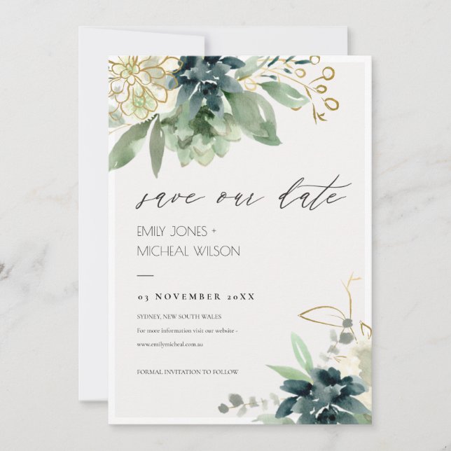 Tarjeta De Agradecimiento Dusky Blue Green Succulent Save the Date Invite (Anverso)