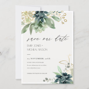 Tarjeta De Agradecimiento Dusky Blue Green Succulent Save the Date Invite