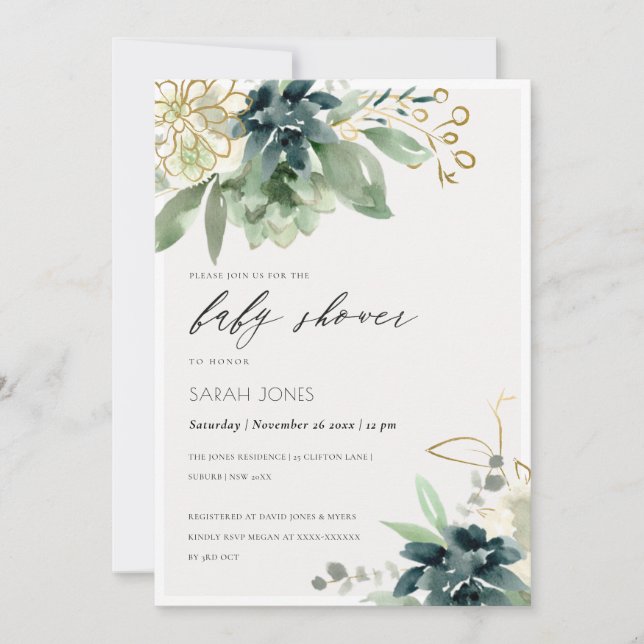 Tarjeta De Agradecimiento Dusky Blue Succulage Foliage Invite a Baby Shower (Anverso)
