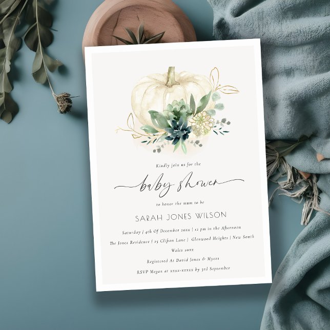 Tarjeta De Agradecimiento Dusky Blue Succulum Pumpkin Baby Shower Invite (Subido por el creador)