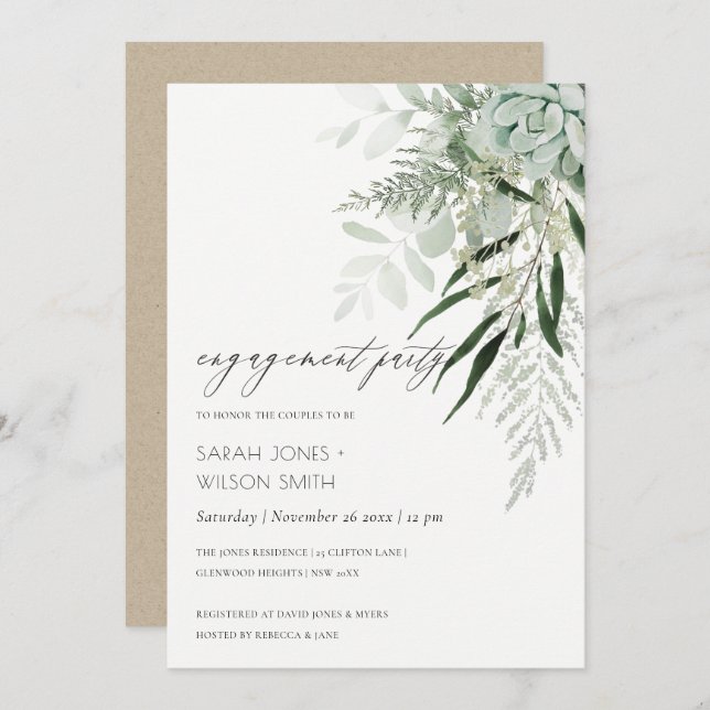 Tarjeta De Agradecimiento Dusky Green Leafy Fern Succulent Engagement Invite (Anverso / Reverso)