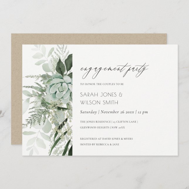 Tarjeta De Agradecimiento Dusky Green Leafy Fern Succulent Engagement Invite (Anverso / Reverso)