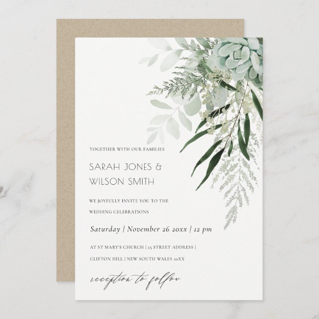 Tarjeta De Agradecimiento Dusky Green Leafy Fern Succulent Wedding Invite (Anverso / Reverso)