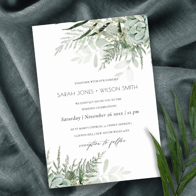 Tarjeta De Agradecimiento Dusky Green Leafy Fern Succulent Wedding Invite (Subido por el creador)