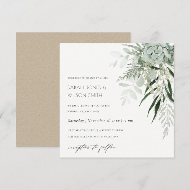Tarjeta De Agradecimiento Dusky Green Leafy Fern Succulent Wedding Invite (Anverso / Reverso)