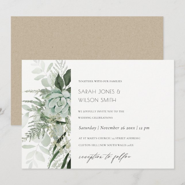 Tarjeta De Agradecimiento Dusky Green Leafy Fern Succulent Wedding Invite (Anverso / Reverso)