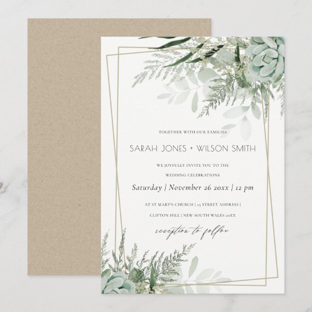 Tarjeta De Agradecimiento Dusky Leafy Fern Succulent Boda Frame Invite (Anverso / Reverso)