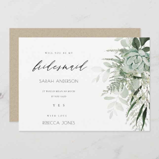 Tarjeta De Agradecimiento Dusky Leafy Fern Succulent Bridesmaid Invite (Anverso / Reverso)