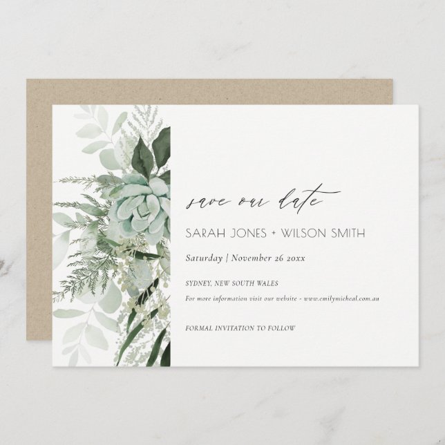 Tarjeta De Agradecimiento Dusky Leafy Fern Succulent Save the Date Card (Anverso / Reverso)