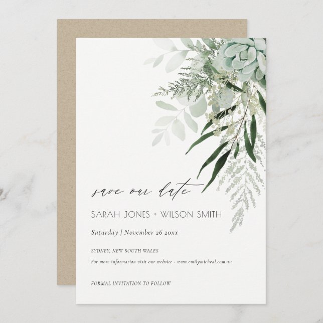 Tarjeta De Agradecimiento Dusky Leafy Fern Succulent Save the Date Card (Anverso / Reverso)