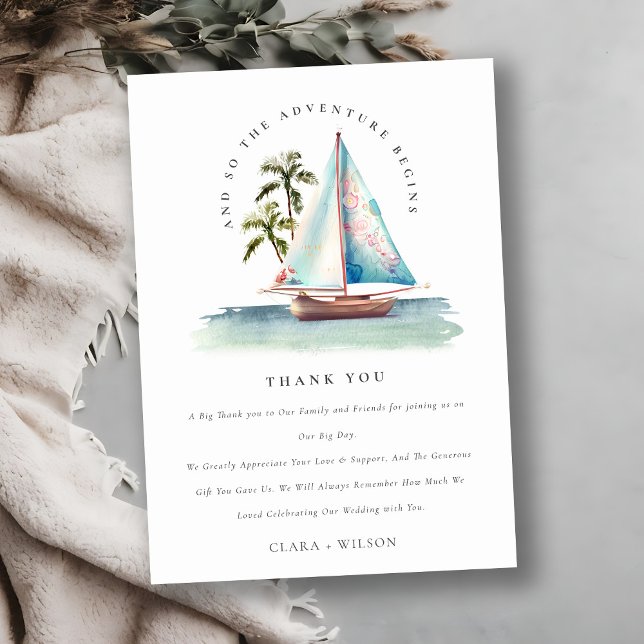Tarjeta De Agradecimiento Dusky Verde azulado Sailboat Palm Seascape Bridal  (Subido por el creador)
