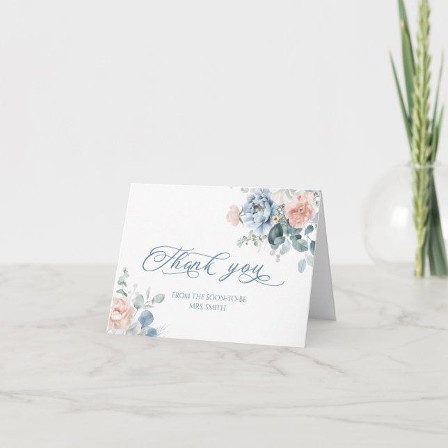 Tarjeta De Agradecimiento Duste azul floral elegante ducha de novia gracias (Anverso)