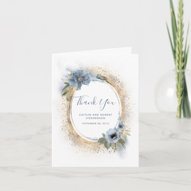 Tarjeta De Agradecimiento Duste azul y oro Purpurina Floral Gracias (Anverso)