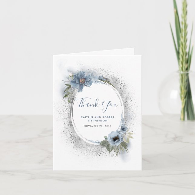 Tarjeta De Agradecimiento Duste Blue and Silver Purpurina Floral Gracias (Anverso)