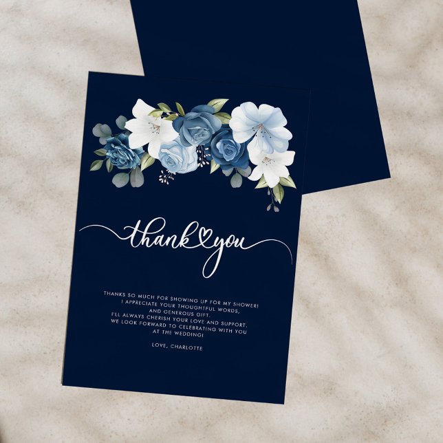 Tarjeta De Agradecimiento Duste Blue Floral Bridal Shower (Dusty Blue Floral Script Bridal Shower Thank You Card)