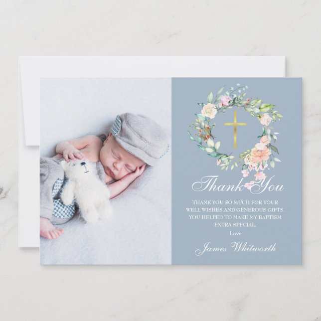 Tarjeta De Agradecimiento Duste Blue Floral Garland Baptism Photo (Anverso)